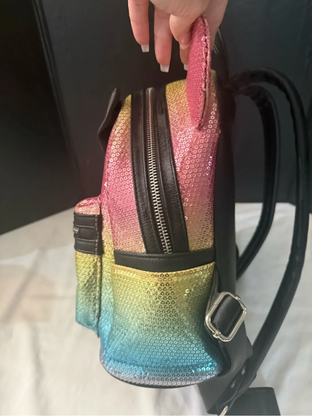 Loungefly Pink and Gold Sequin Ear Mini Backpack with Black Bow